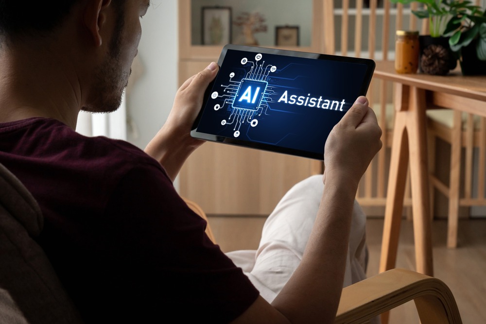 Someone using an AI assistant on a tablet.